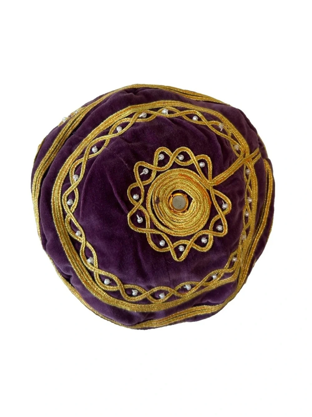 Vintage Velvet Embroidered Turkish Islamic Hat Kufi Gold Thread Mirror Bead
